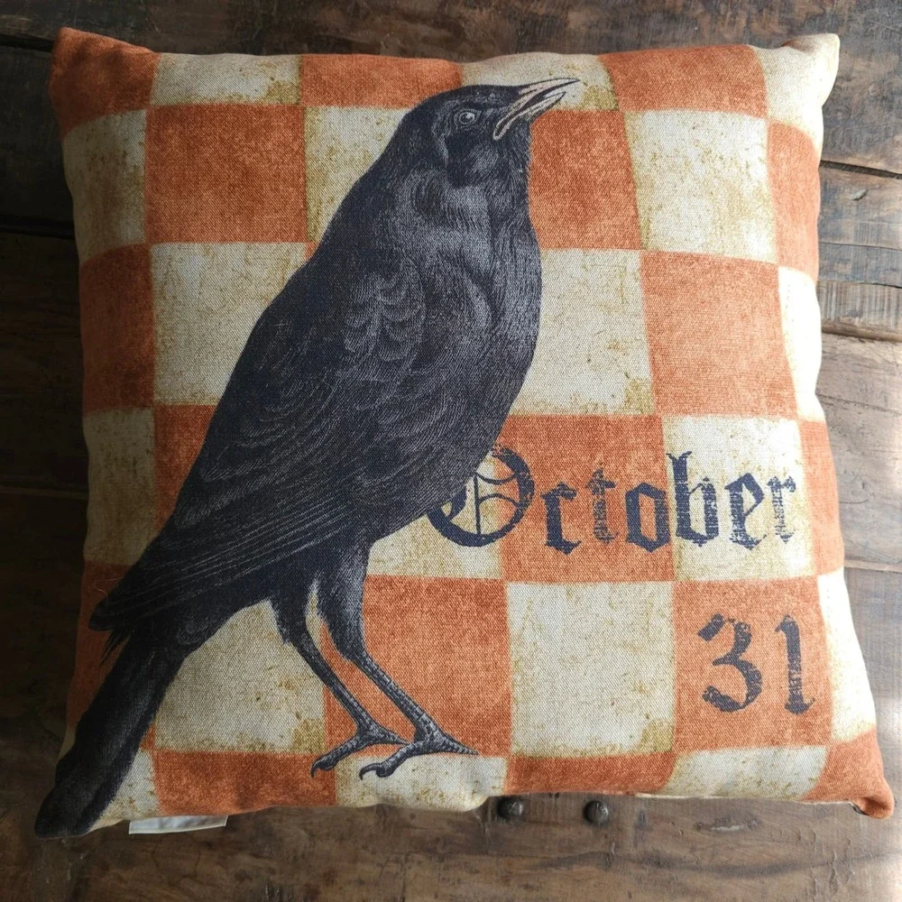 Pottery Barn Halloween Crow Raven October 31 Checkered Pillow 20